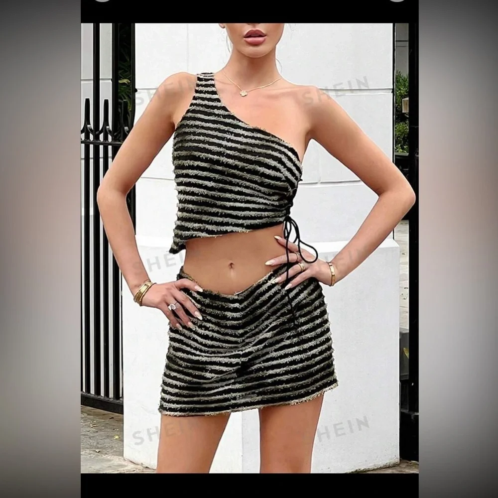 SHEIN ICON Striped One Shoulder Drawstring Side Crop Top & Skirt size M NWT - Picture 4 of 15